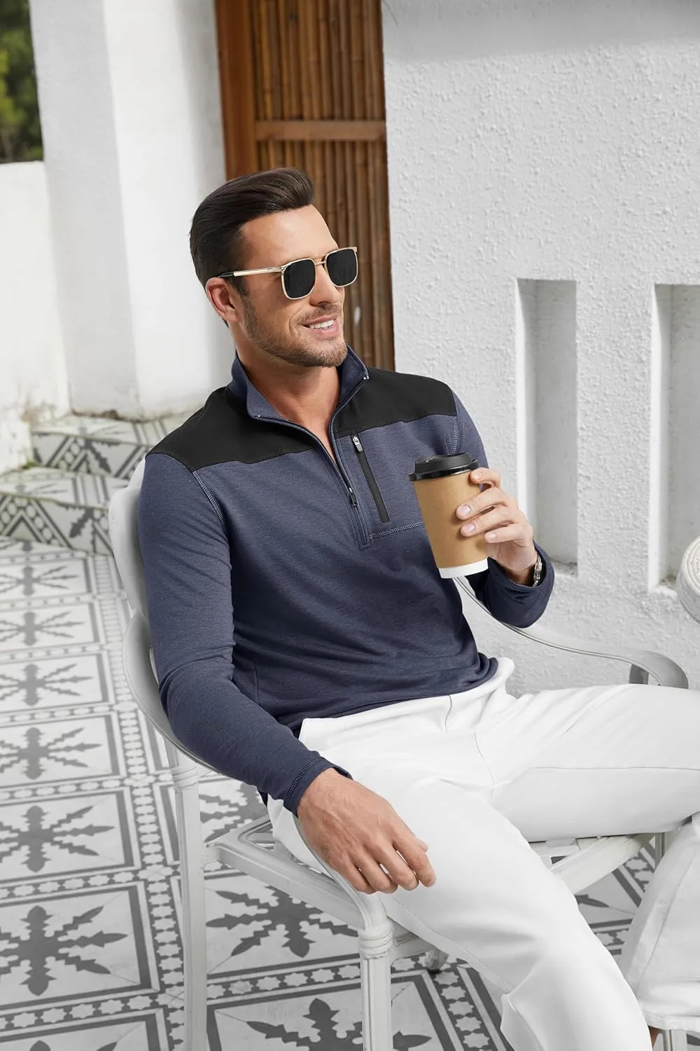 EDITCOZY Mens Quarter Zip Pullover Polo Shirts with Pocket Casual Long Sleeve Collared Golf Shirts