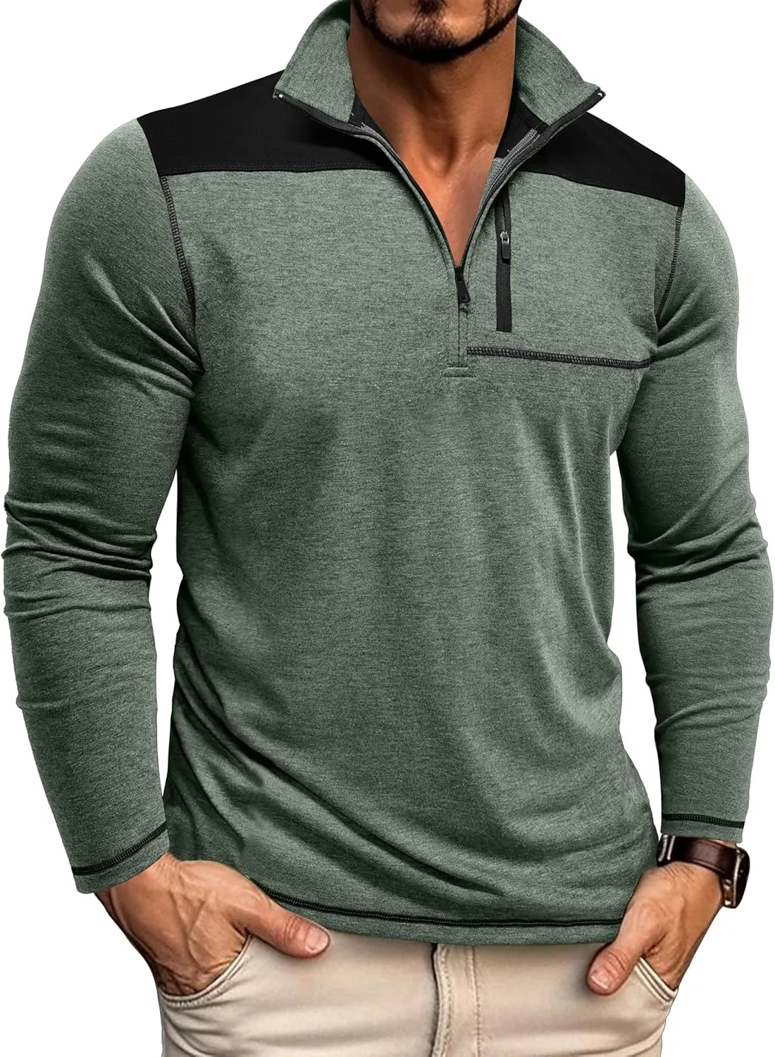 EDITCOZY Mens Quarter Zip Pullover Polo Shirts with Pocket Casual Long Sleeve Collared Golf Shirts