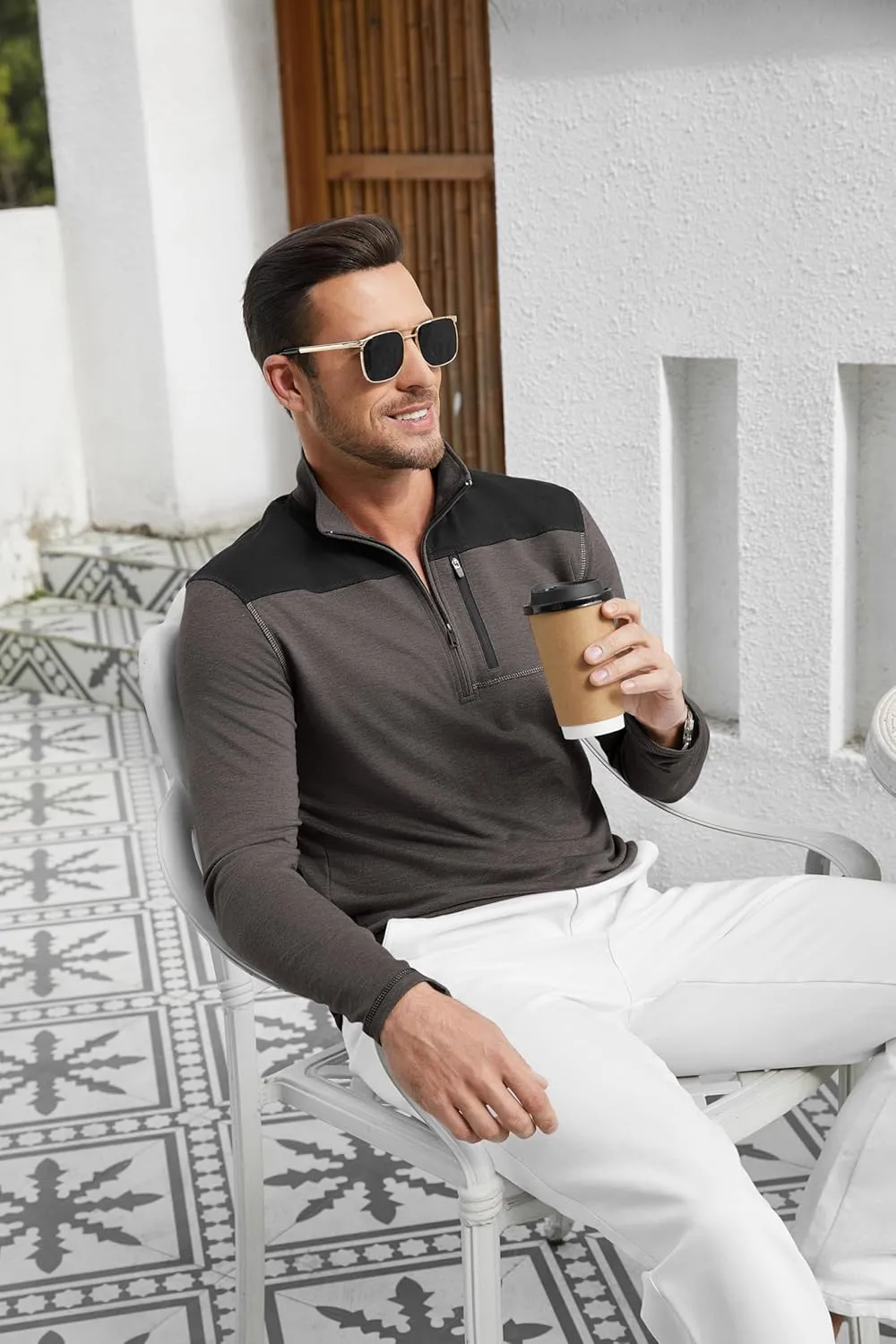 EDITCOZY Mens Quarter Zip Pullover Polo Shirts with Pocket Casual Long Sleeve Collared Golf Shirts
