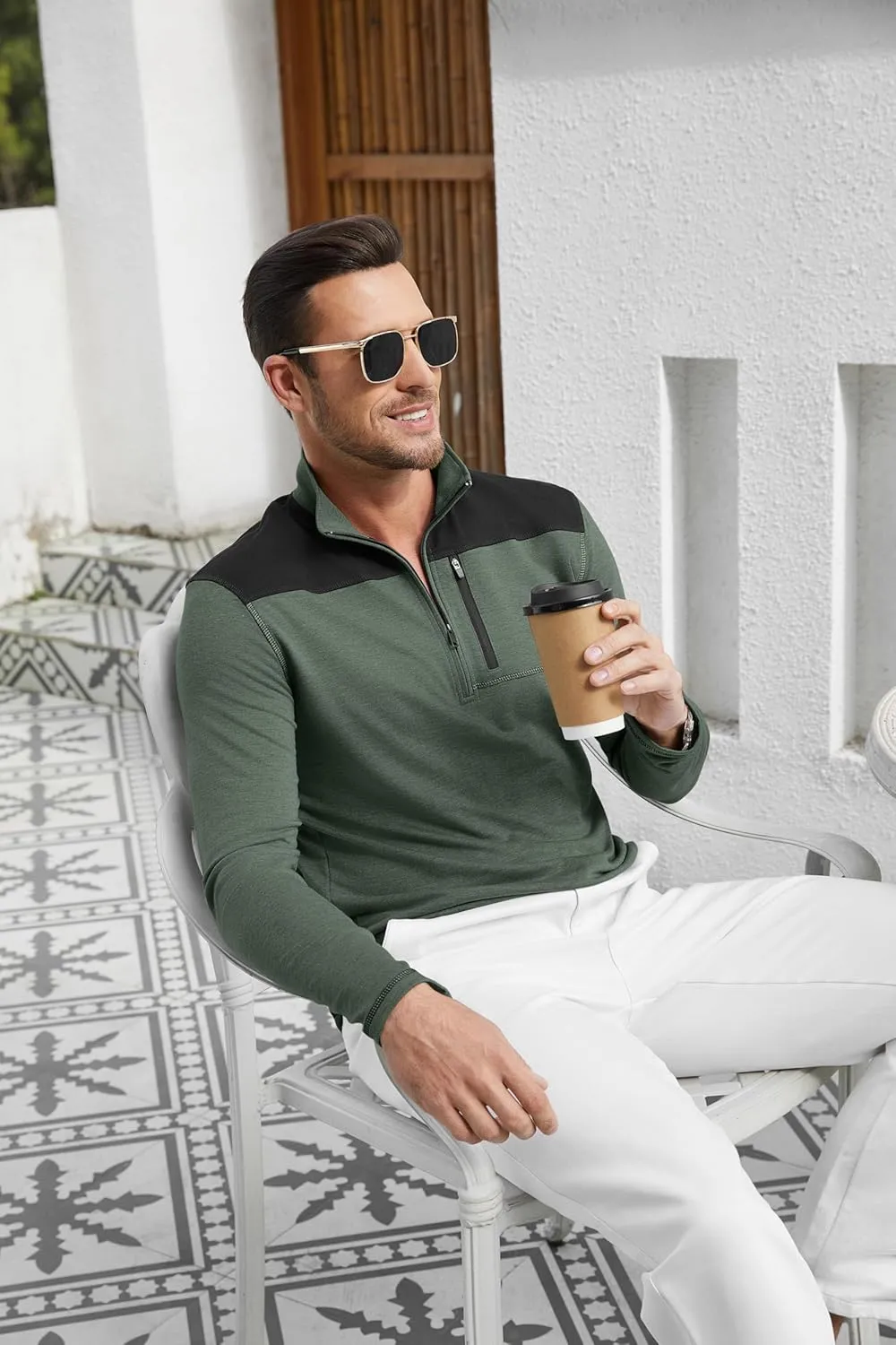 EDITCOZY Mens Quarter Zip Pullover Polo Shirts with Pocket Casual Long Sleeve Collared Golf Shirts