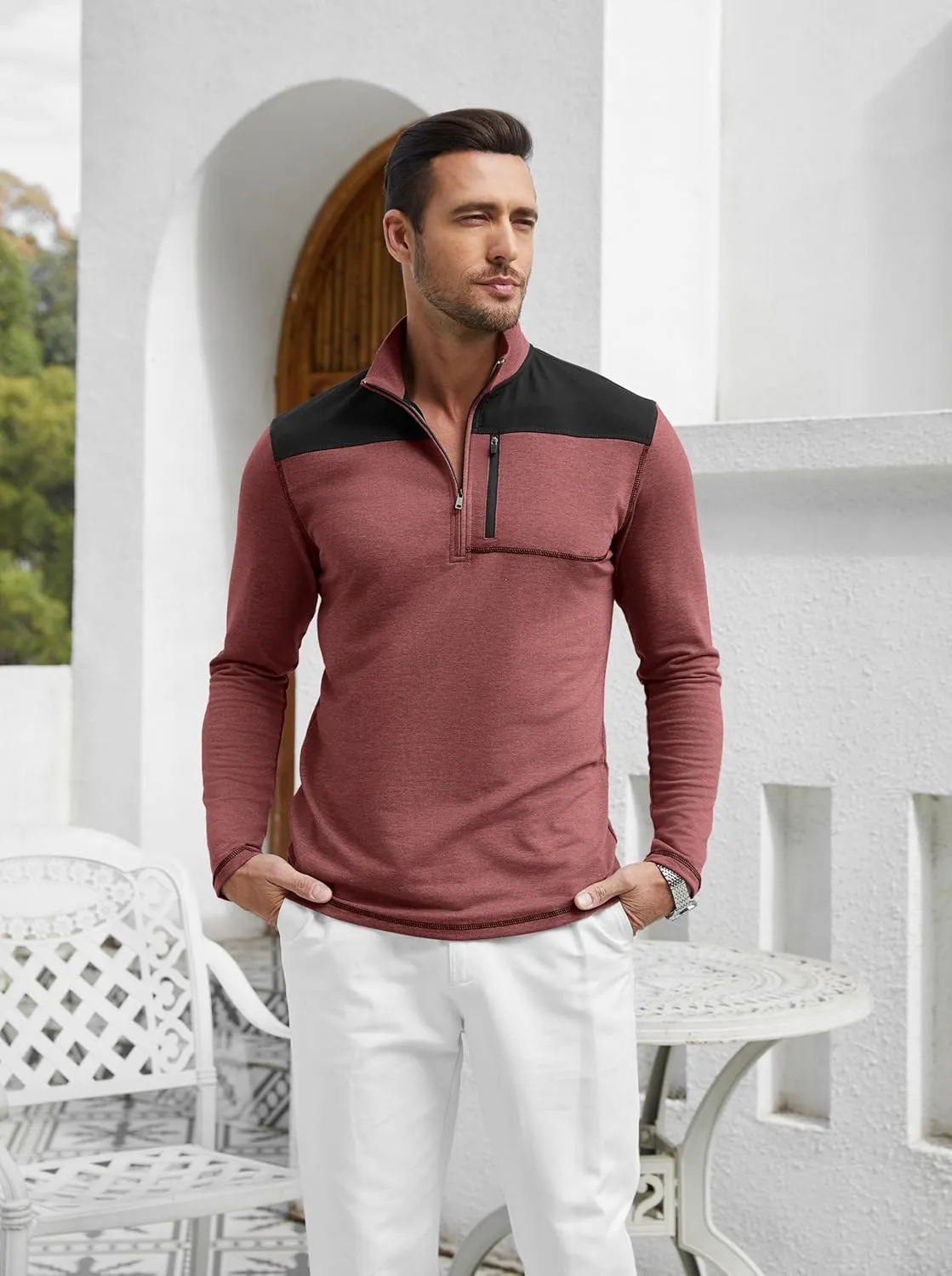 EDITCOZY Mens Quarter Zip Pullover Polo Shirts with Pocket Casual Long Sleeve Collared Golf Shirts