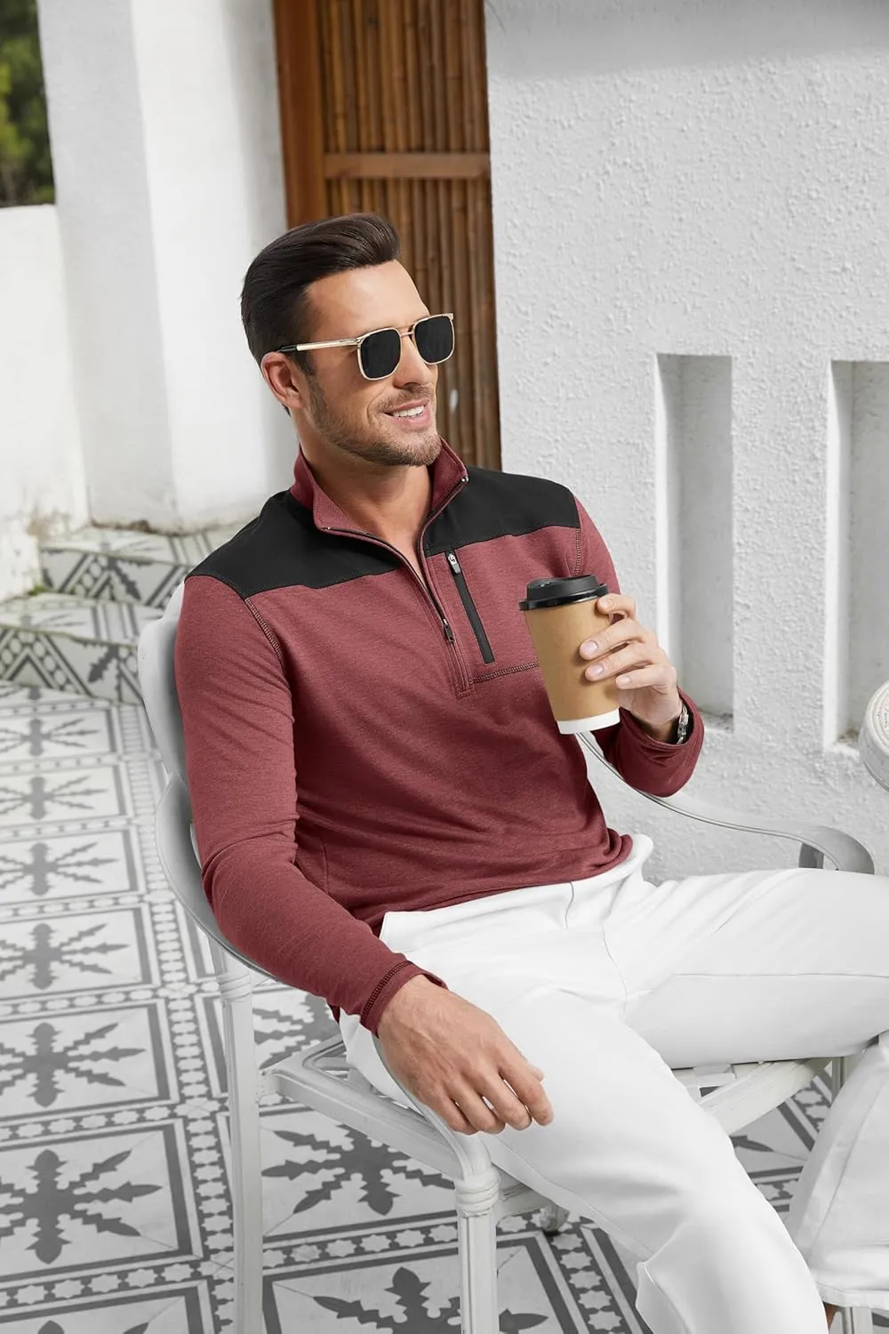 EDITCOZY Mens Quarter Zip Pullover Polo Shirts with Pocket Casual Long Sleeve Collared Golf Shirts