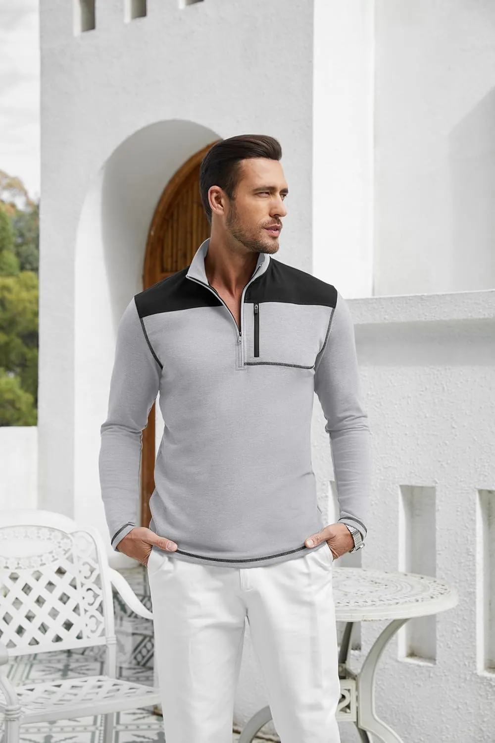 EDITCOZY Mens Quarter Zip Pullover Polo Shirts with Pocket Casual Long Sleeve Collared Golf Shirts