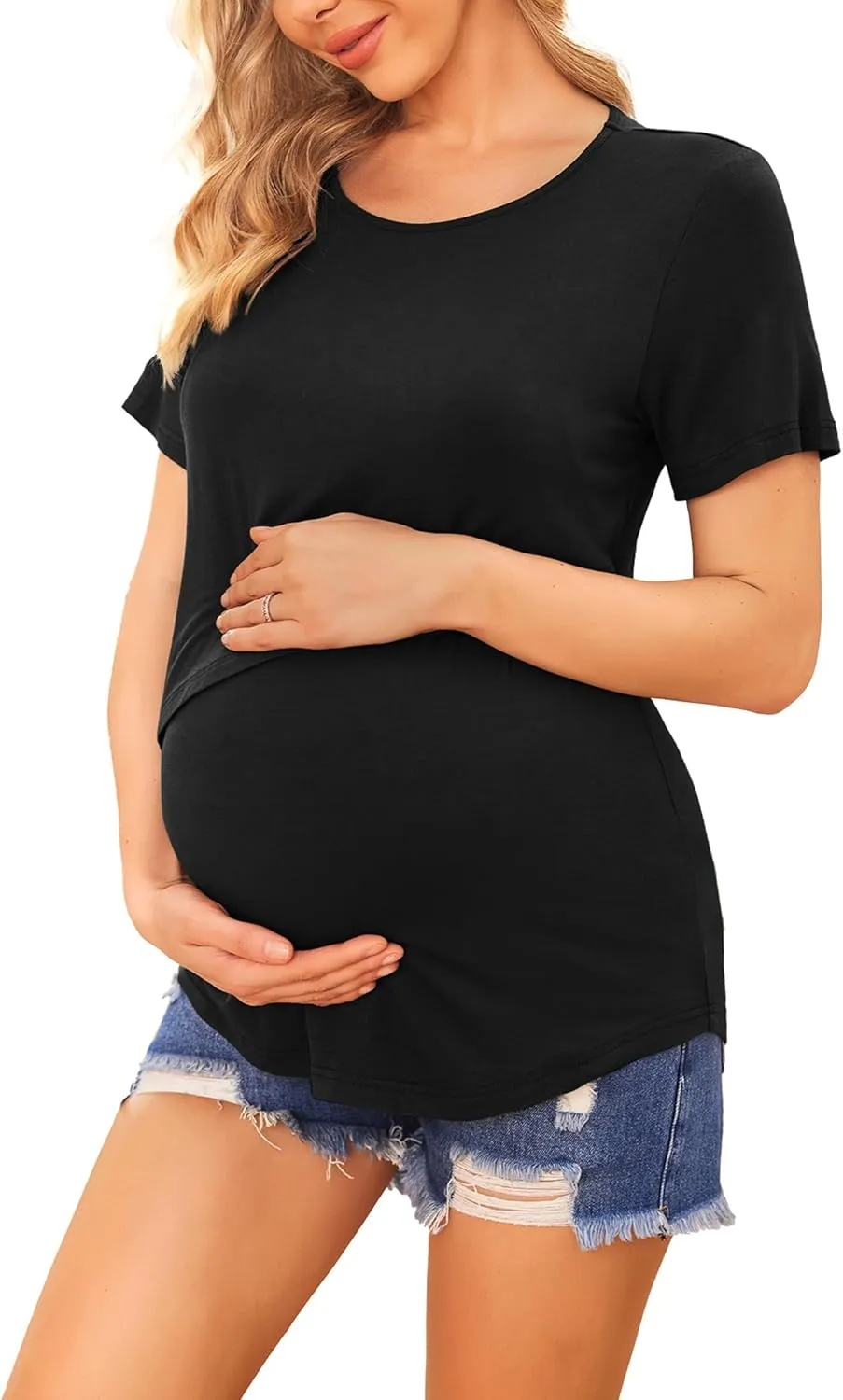 Ekouaer Women's Maternity Shirts Short Sleeves Nursing Tops 3 Pack Double Laye Breastfeeding Tees Pregnancy Clothes S-XXL