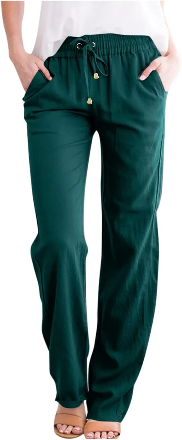 Elastic Waist Pants for Women 2024 Casual High Waist Pants Drawstring Comfort Slim Fit Pants with Side Pockets