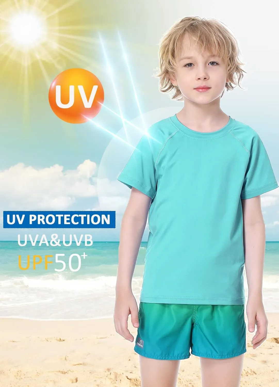 EXARUS Youth Boys Rash Guard Swim Shirts Short Sleeve Sun Shirts Lightweight Quick Dry UPF 50  with Back Zip Pocket