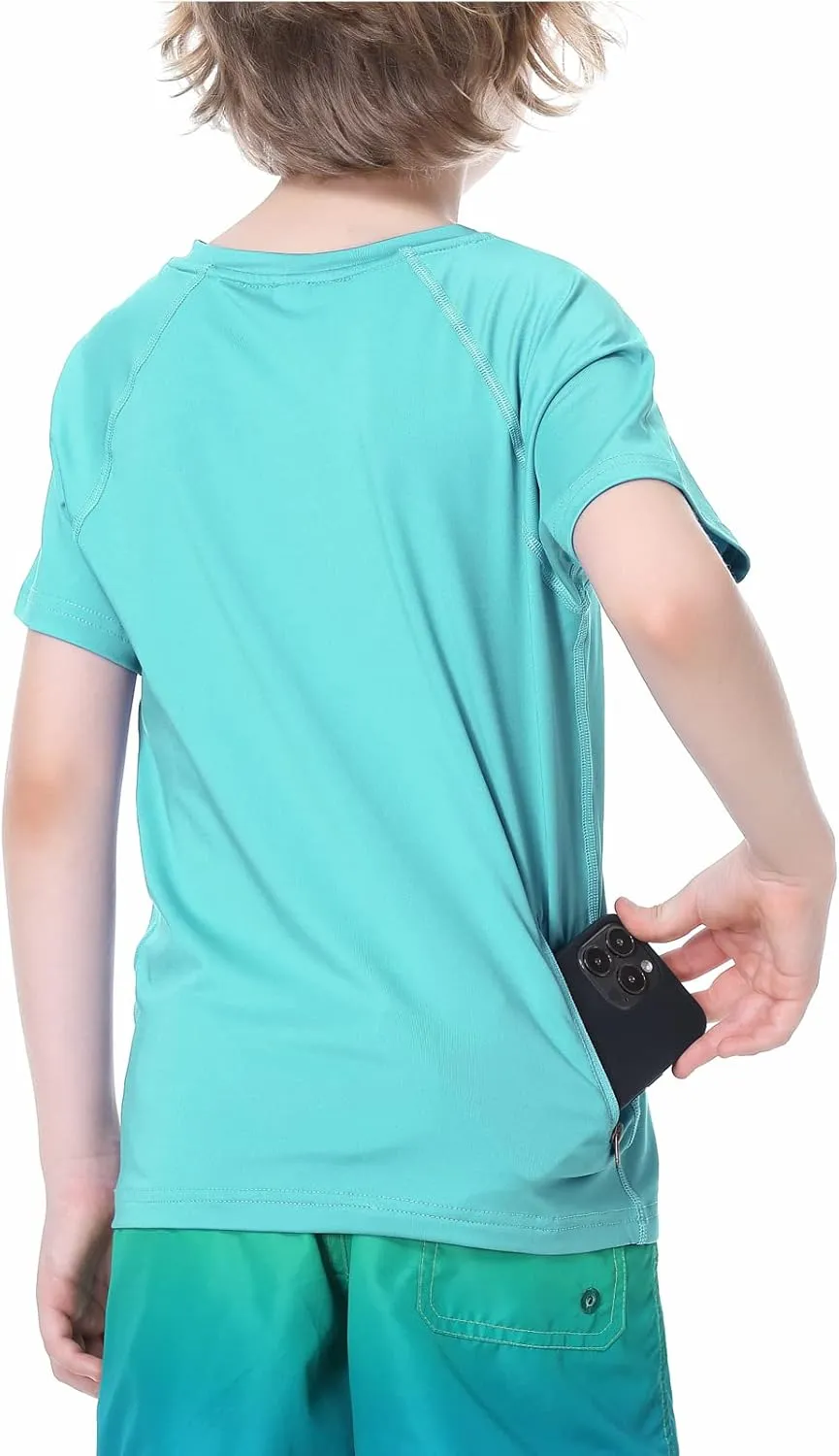 EXARUS Youth Boys Rash Guard Swim Shirts Short Sleeve Sun Shirts Lightweight Quick Dry UPF 50  with Back Zip Pocket