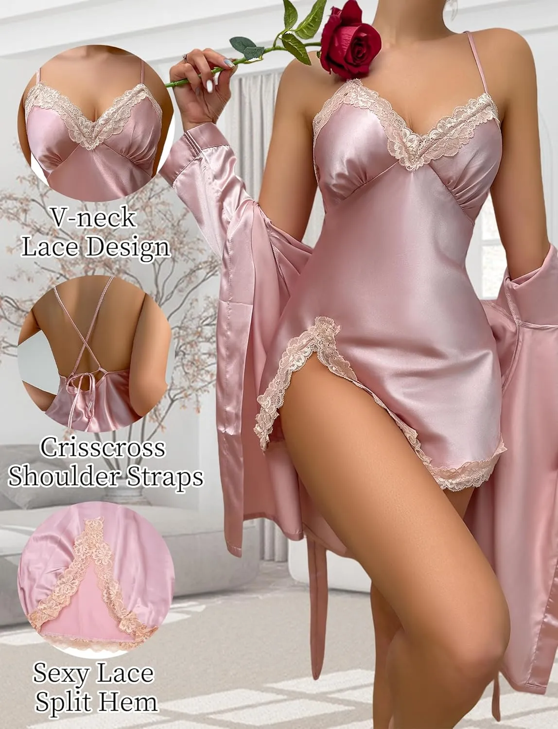 FEOYA Womens Silk Pajama Robe Set Satin Smooth Nightgown Lace Cami Nightdress with Belt Sexy Sleepwear