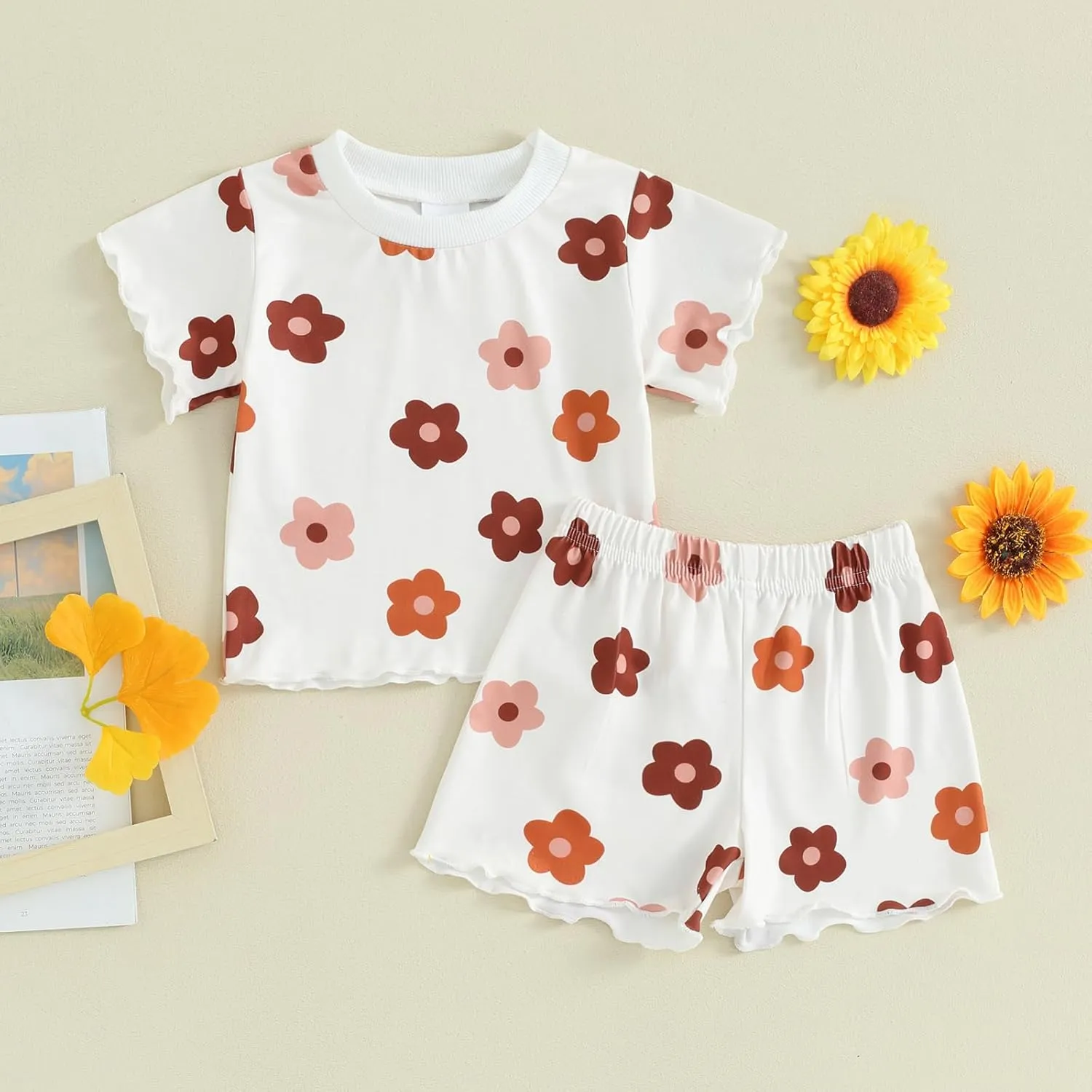 fhutpw Toddler Baby Girls Summer Outfits Daisy Ruffle Short Sleeve T-Shirts Tops Floral Shorts 2Pcs Clothes Set 6M-4T