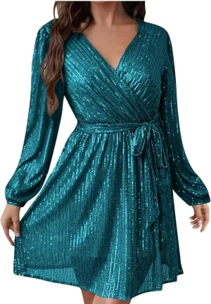 Firzero Plus Size Formal Dresses for Women 2024 Trendy Sequin Evening Party Dresses Sexy Lantern Sleeve V Neck Dresses Belt