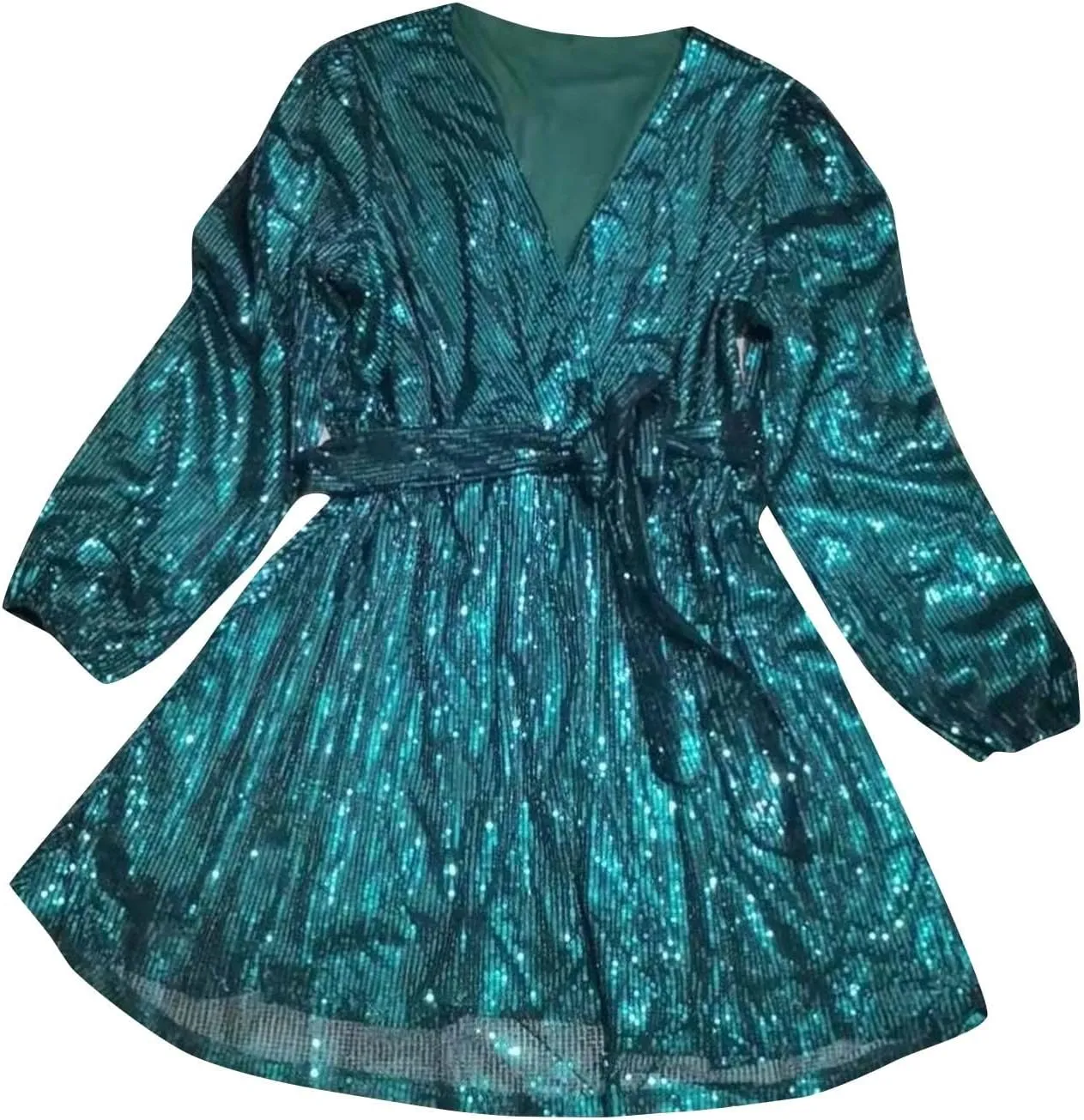 Firzero Plus Size Formal Dresses for Women 2024 Trendy Sequin Evening Party Dresses Sexy Lantern Sleeve V Neck Dresses Belt