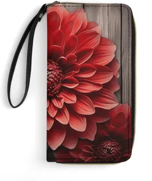 Flower Red Dahlia Leather Wallet Smooth Zip Around Clutch Wristlet Travel Long Soft Purse for Women