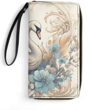 Flowers And Swans Leather Wallet Smooth Zip Around Clutch Wristlet Travel Long Soft Purse for Women