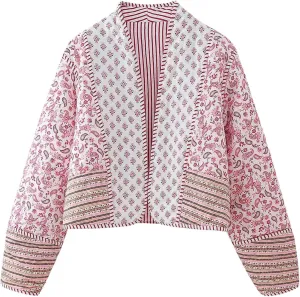 Flygo Women Cropped Puffer Jacket Cardigan Floral Printed Quilted Coats Lightweight Open Front Crop Padded Down Jackets