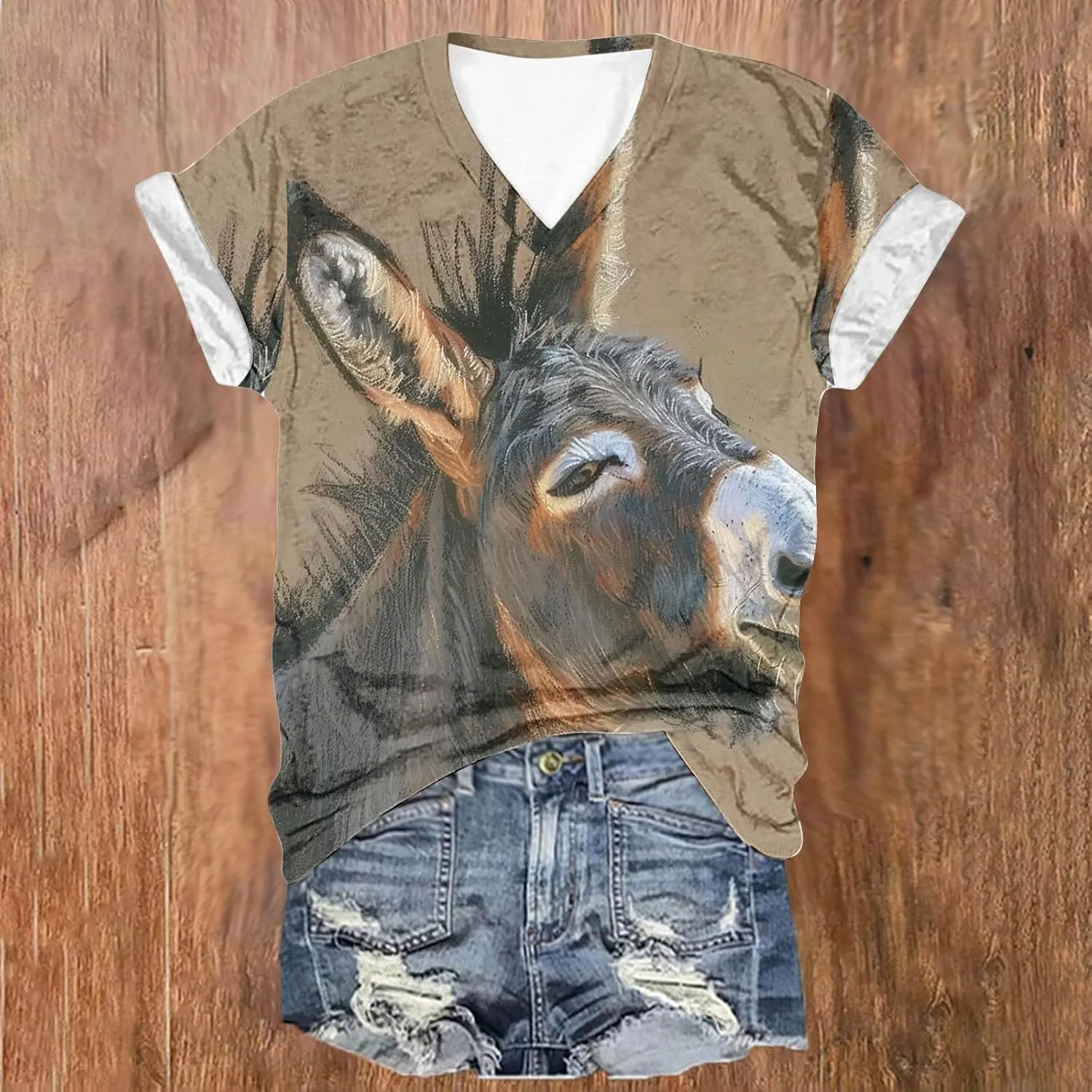 Funny Donkey Animal Graphic Tee Shirt for Women Cute Tops 2024 Summer Plus Size V Neck Short Sleeve Boyfriend Shirt