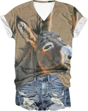 Funny Donkey Animal Graphic Tee Shirt for Women Cute Tops 2024 Summer Plus Size V Neck Short Sleeve Boyfriend Shirt