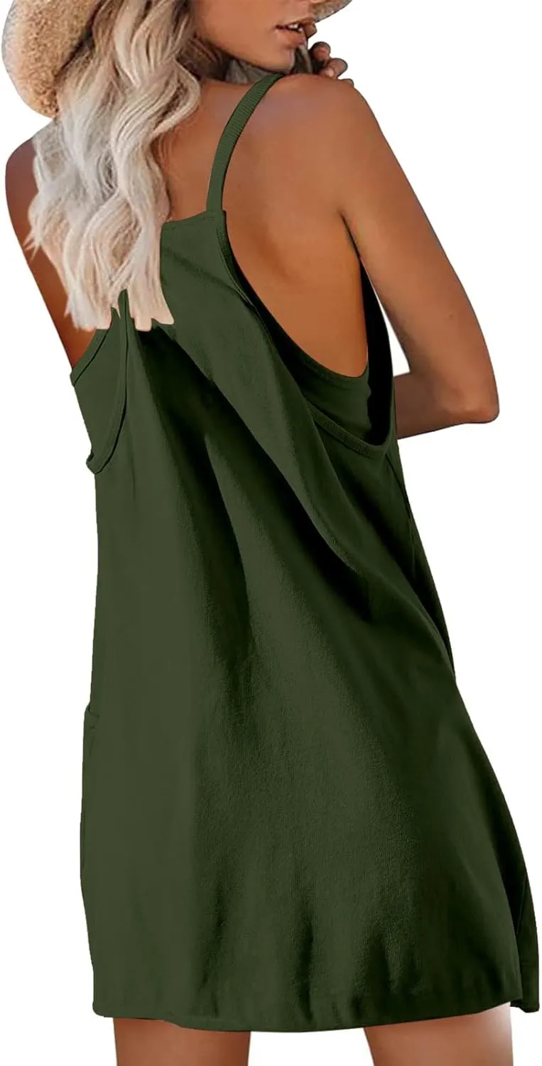 FZVYD Womens Summer Dresses Sleeveless Mini Dress U Neck Spaghetti Strap Sundress Athletic Basic Short Dress with Pockets
