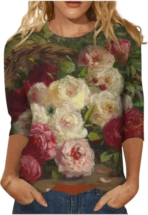 Going Out Tops for Women Floral Print Crewneck Blouses 3/4 Sleeve Baggy Tunic Tops Cute Loose Casual Pullover