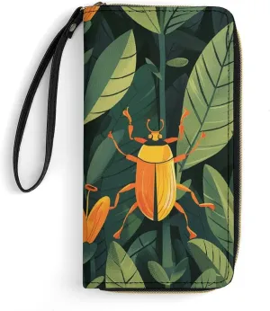 Gold Beetle Pattern Leather Wallet Smooth Zip Around Clutch Wristlet Travel Long Soft Purse for Women