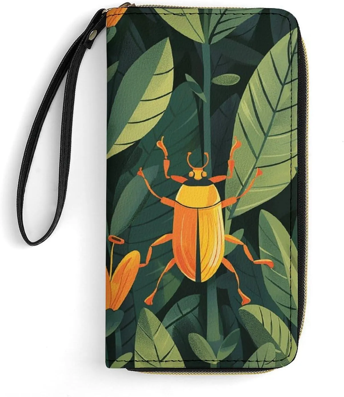 Gold Beetle Pattern Leather Wallet Smooth Zip Around Clutch Wristlet Travel Long Soft Purse for Women