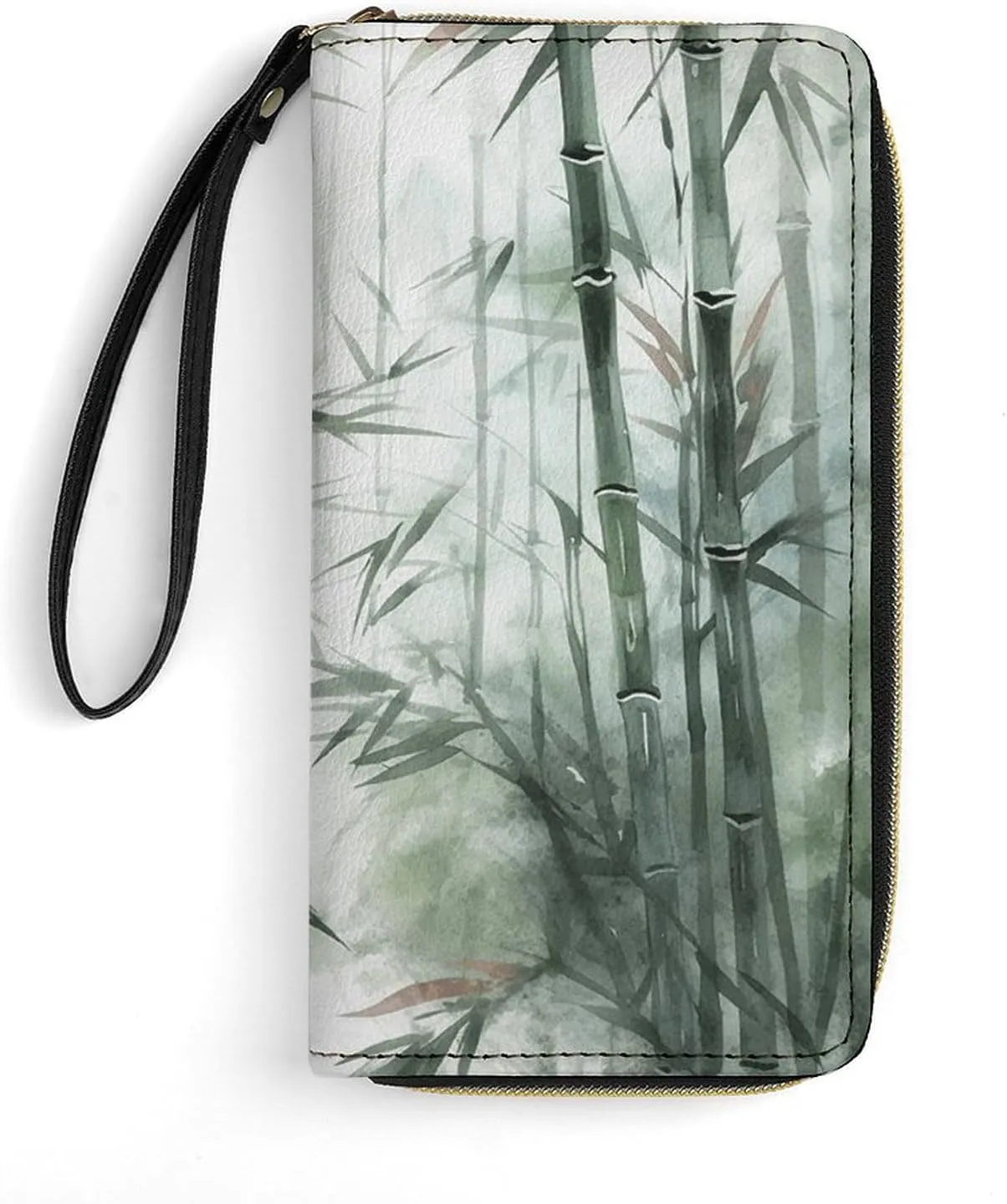 Green Bird Painting Leather Wallet Smooth Zip Around Clutch Wristlet Travel Long Soft Purse for Women