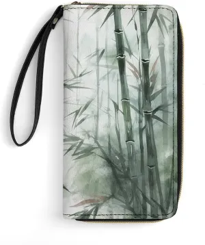 Green Bird Painting Leather Wallet Smooth Zip Around Clutch Wristlet Travel Long Soft Purse for Women
