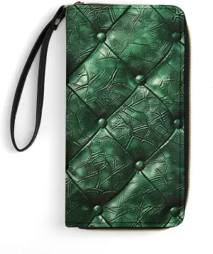 Green Leather Texture Leather Wallet Smooth Zip Around Clutch Wristlet Travel Long Soft Purse for Women