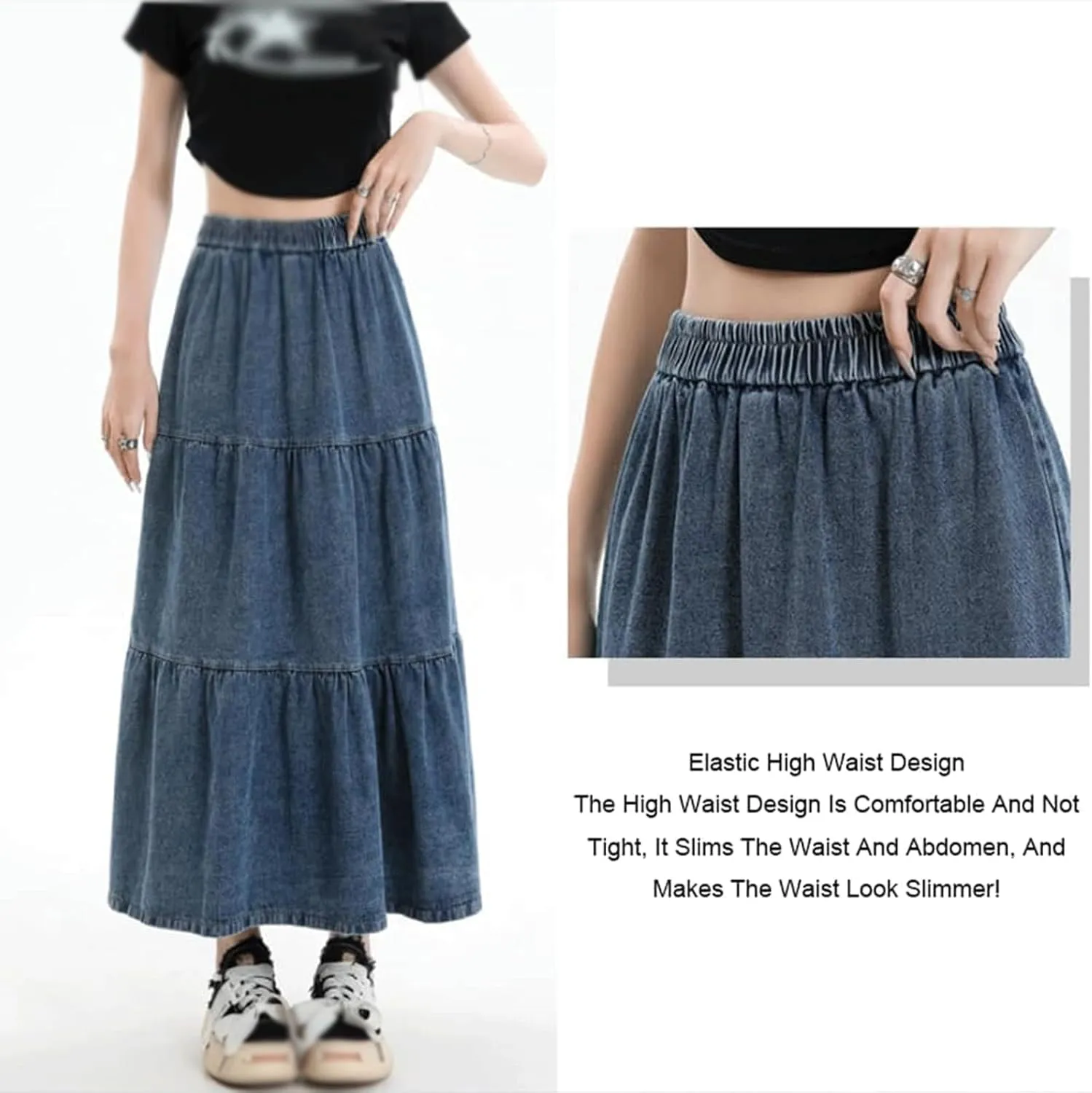 High Waisted Skirt Elastic Waist Denim Tiered Skirt Womens Long Skirts A Line Mid Skirt Pleated Layers Midi Jean Skirt, Medium, Light Blue