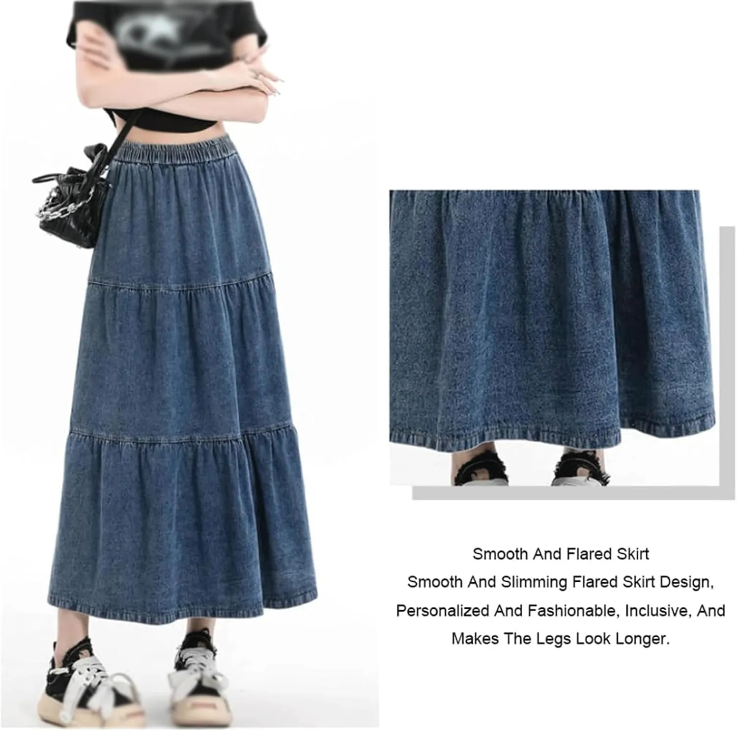 High Waisted Skirt Elastic Waist Denim Tiered Skirt Womens Long Skirts A Line Mid Skirt Pleated Layers Midi Jean Skirt, Medium, Light Blue