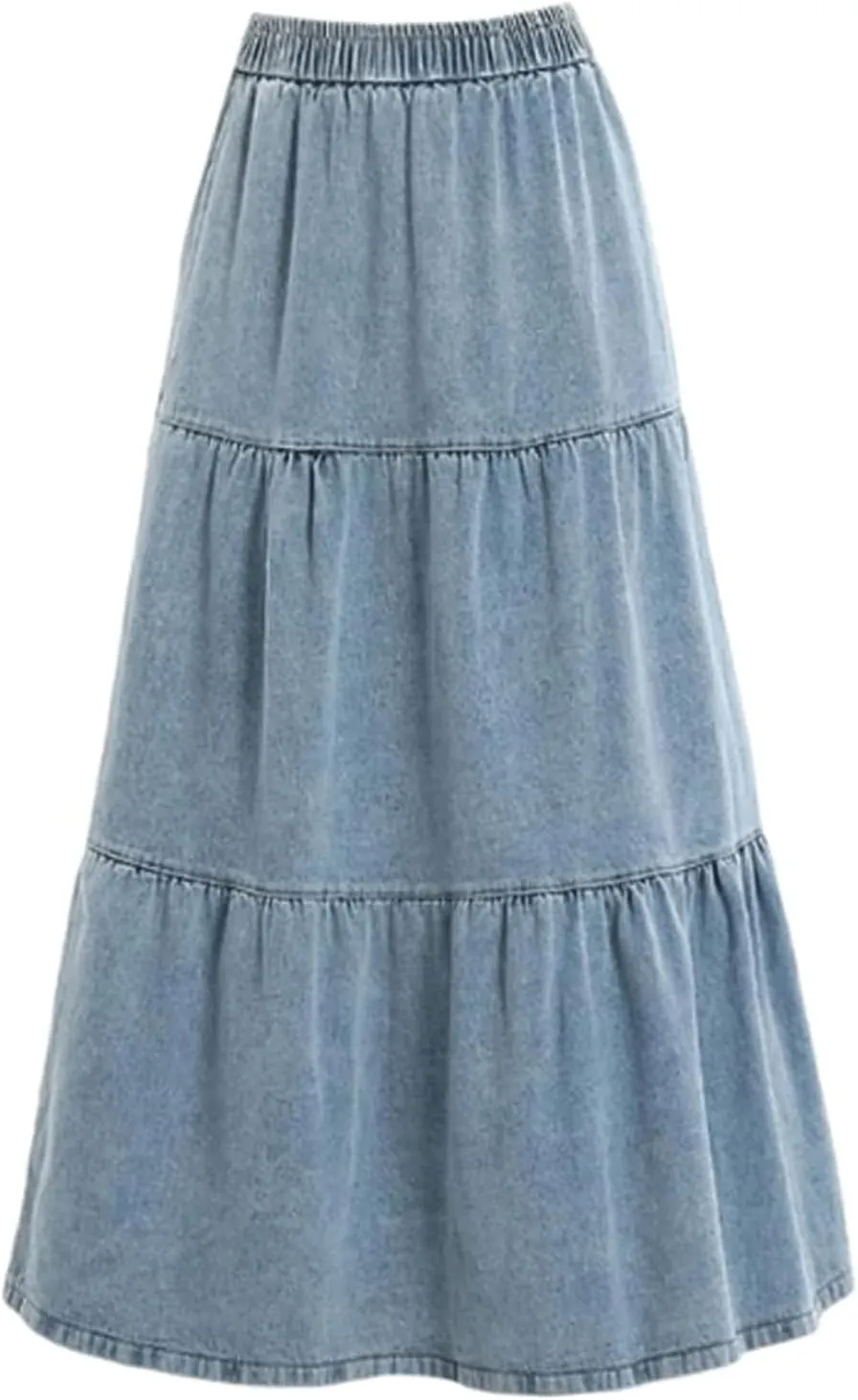 High Waisted Skirt Elastic Waist Denim Tiered Skirt Womens Long Skirts A Line Mid Skirt Pleated Layers Midi Jean Skirt, Medium, Light Blue