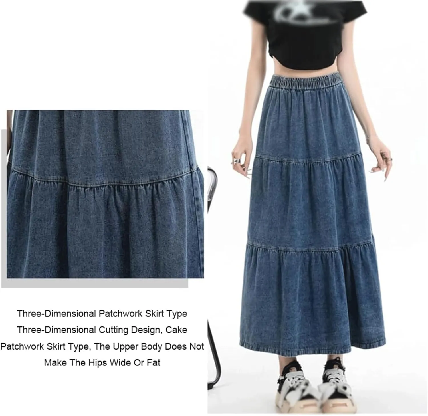 High Waisted Skirt Elastic Waist Denim Tiered Skirt Womens Long Skirts A Line Mid Skirt Pleated Layers Midi Jean Skirt, Medium, Light Blue