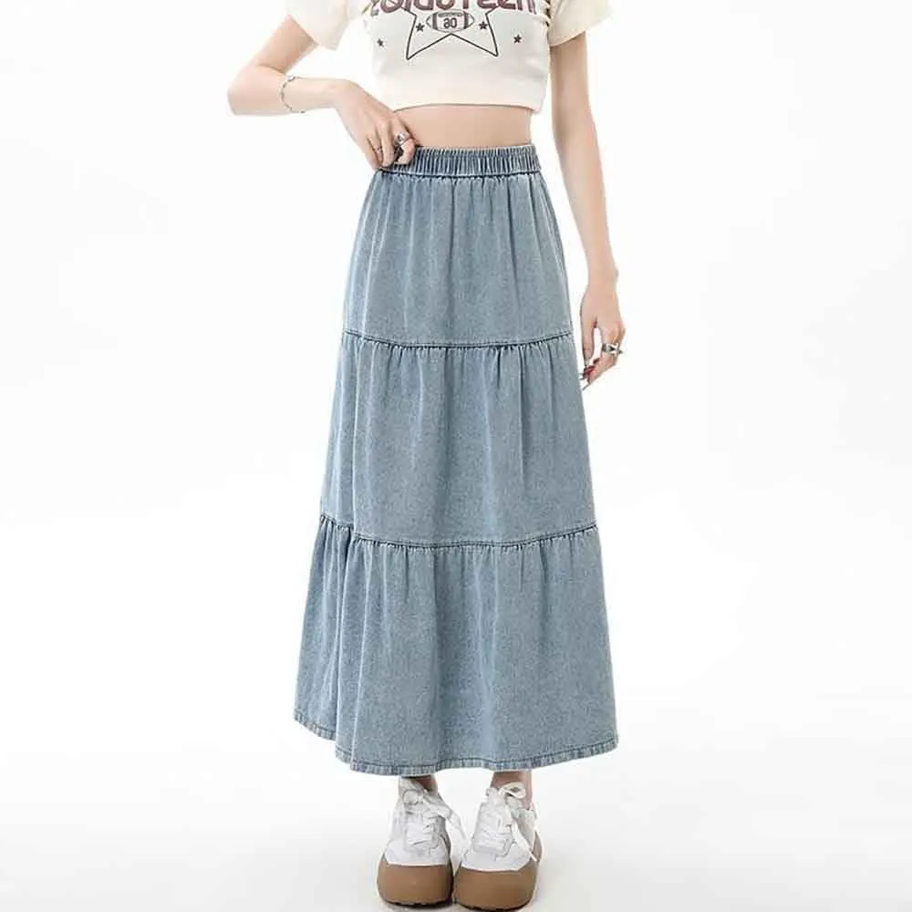 High Waisted Skirt Elastic Waist Denim Tiered Skirt Womens Long Skirts A Line Mid Skirt Pleated Layers Midi Jean Skirt, Medium, Light Blue