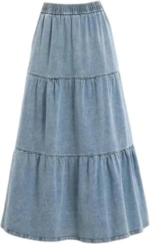 High Waisted Skirt Elastic Waist Denim Tiered Skirt Womens Long Skirts A Line Mid Skirt Pleated Layers Midi Jean Skirt, Medium, Light Blue