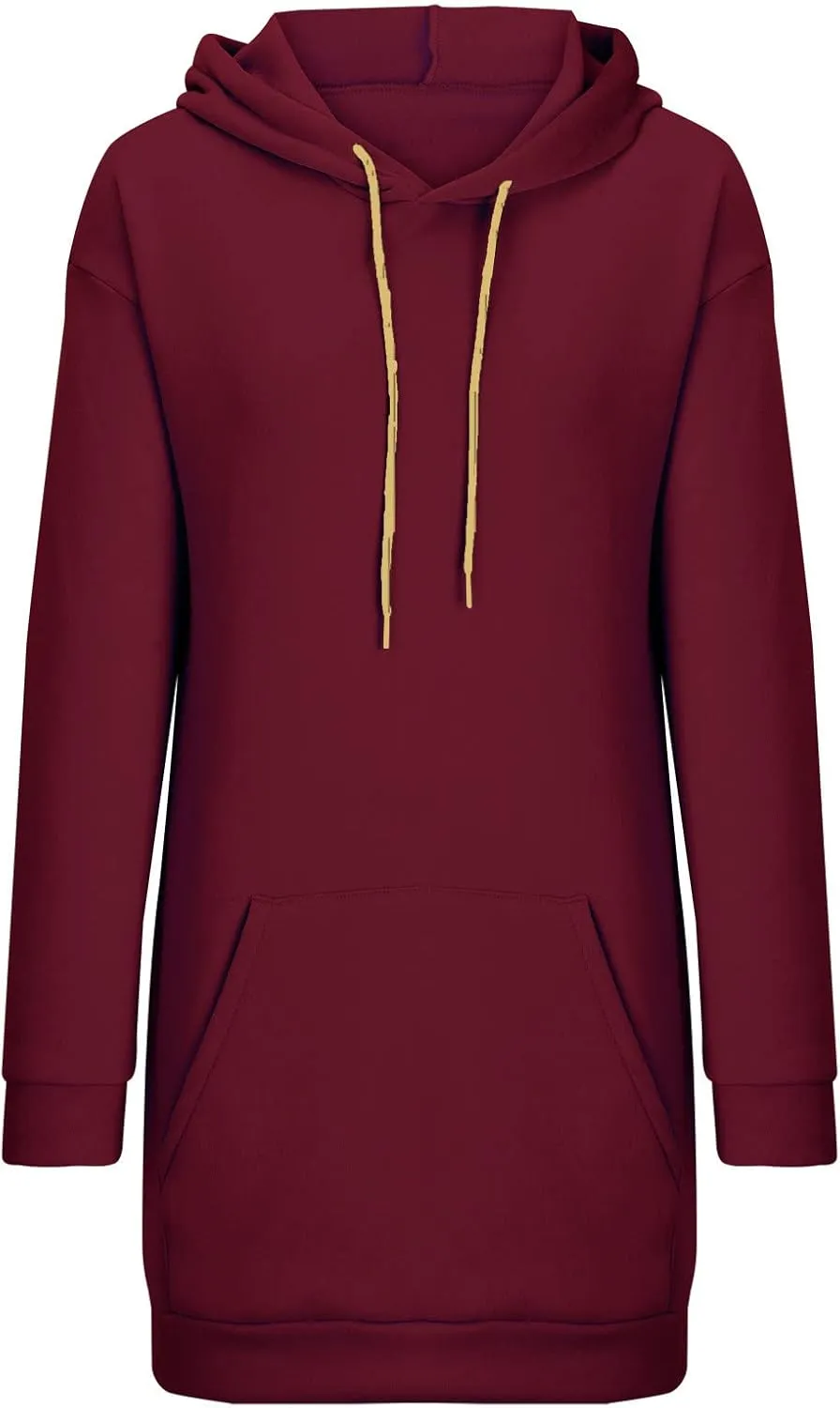 Hoodie Dress for Women Solid Colour Long Sleeve Pullover Tops with Pocket Oversized Casual Fashion Sweatshirt Dress