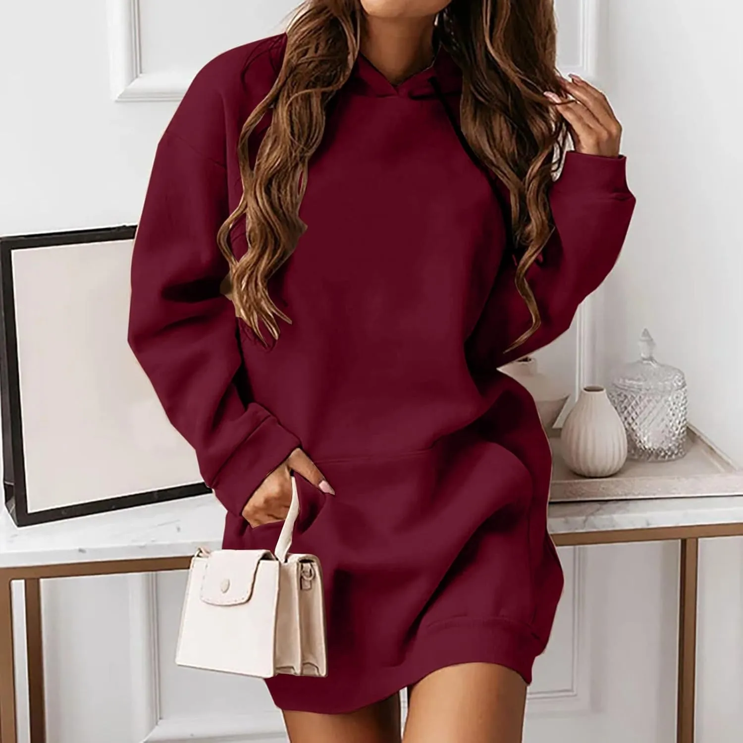 Hoodie Dress for Women Solid Colour Long Sleeve Pullover Tops with Pocket Oversized Casual Fashion Sweatshirt Dress