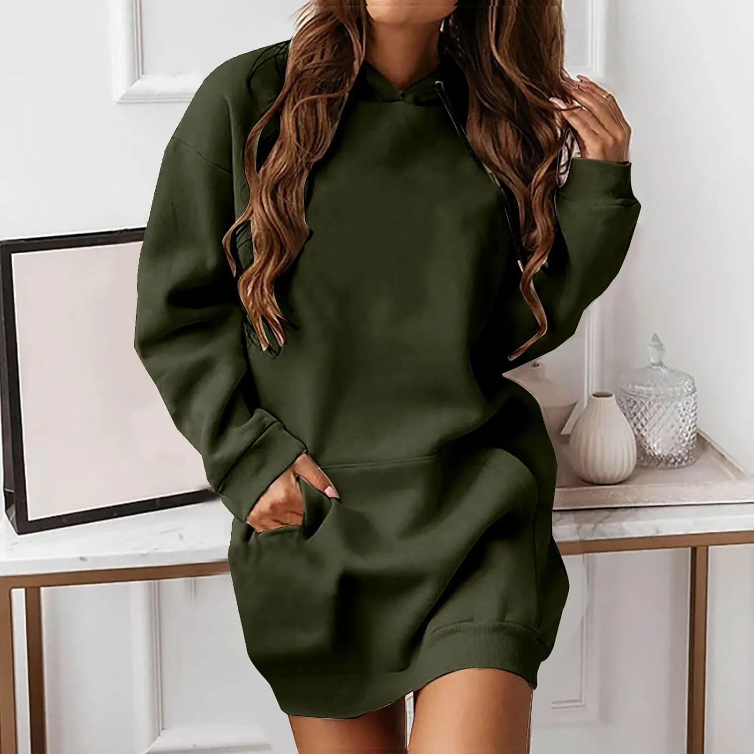 Hoodie Dress for Women Solid Colour Long Sleeve Pullover Tops with Pocket Oversized Casual Fashion Sweatshirt Dress