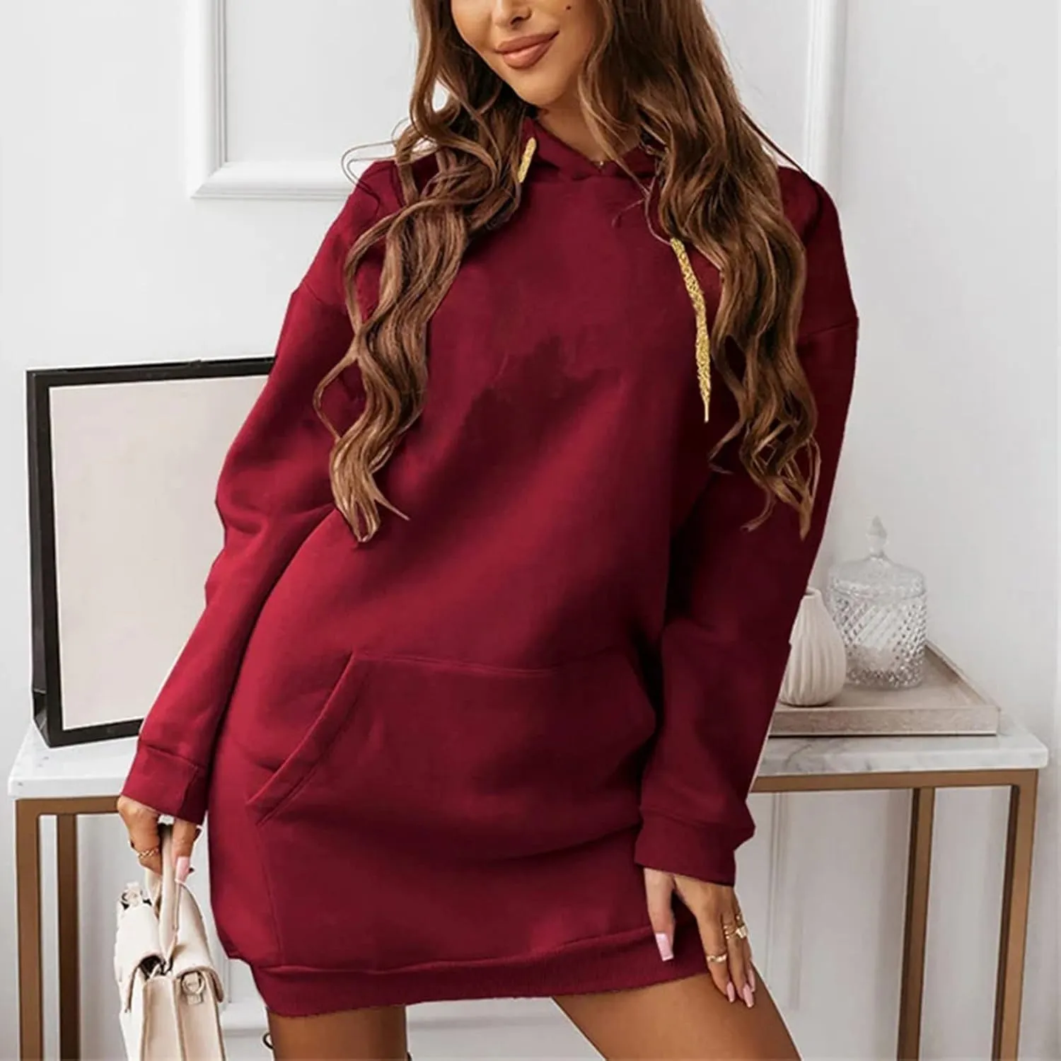 Hoodie Dress for Women Solid Colour Long Sleeve Pullover Tops with Pocket Oversized Casual Fashion Sweatshirt Dress
