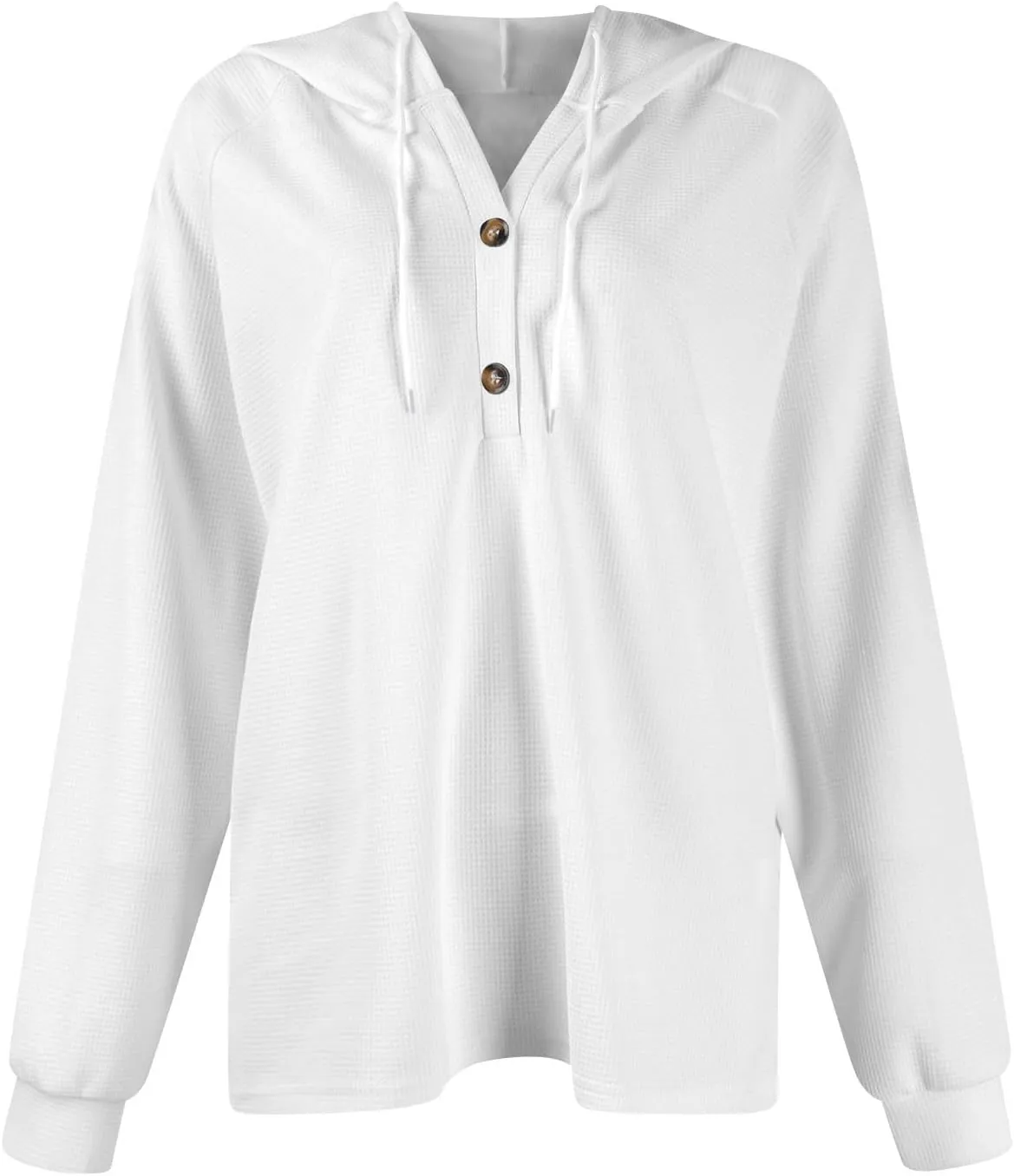 Hoodies for Women Waffle Knit Drawstring Button V Neck Long Sleeve Casual Pullover Sweatshirt Hooded Tops