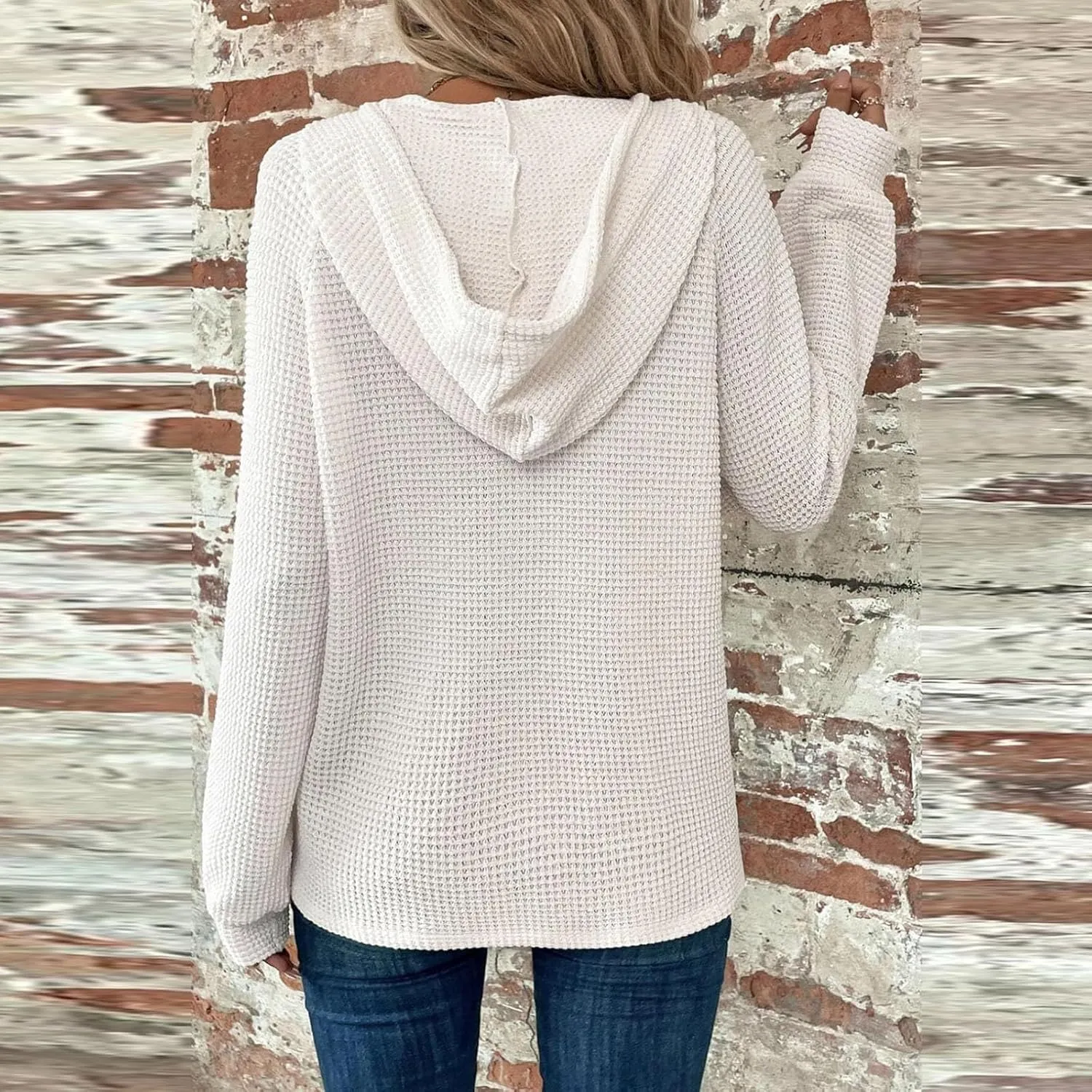 Hoodies for Women Waffle Knit Drawstring Button V Neck Long Sleeve Casual Pullover Sweatshirt Hooded Tops