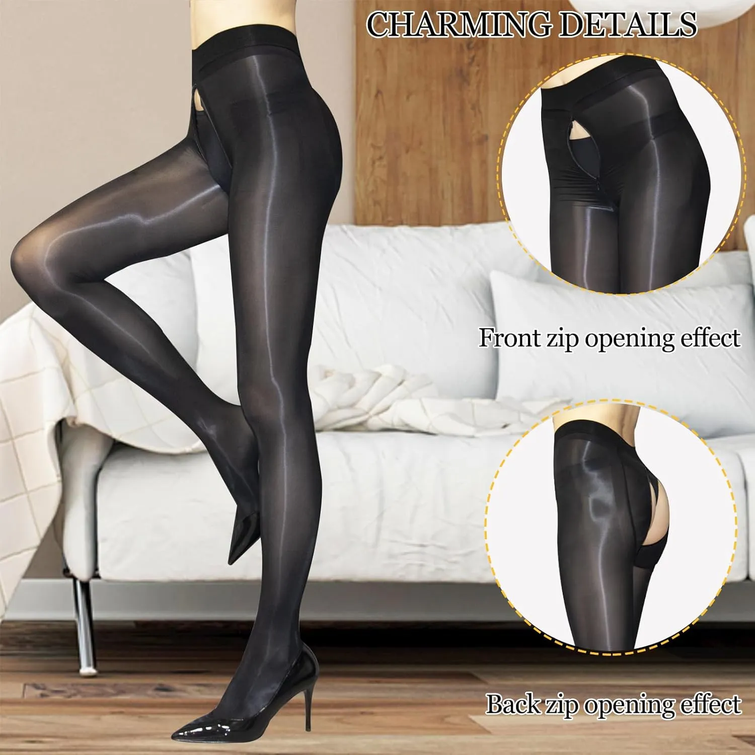 HTRUIYA Women's Shiny Pantyhose 8D Sheer Tights Oily Gloss Pantyhose Invisible Zip Adjustable Tights Smooth Stockings