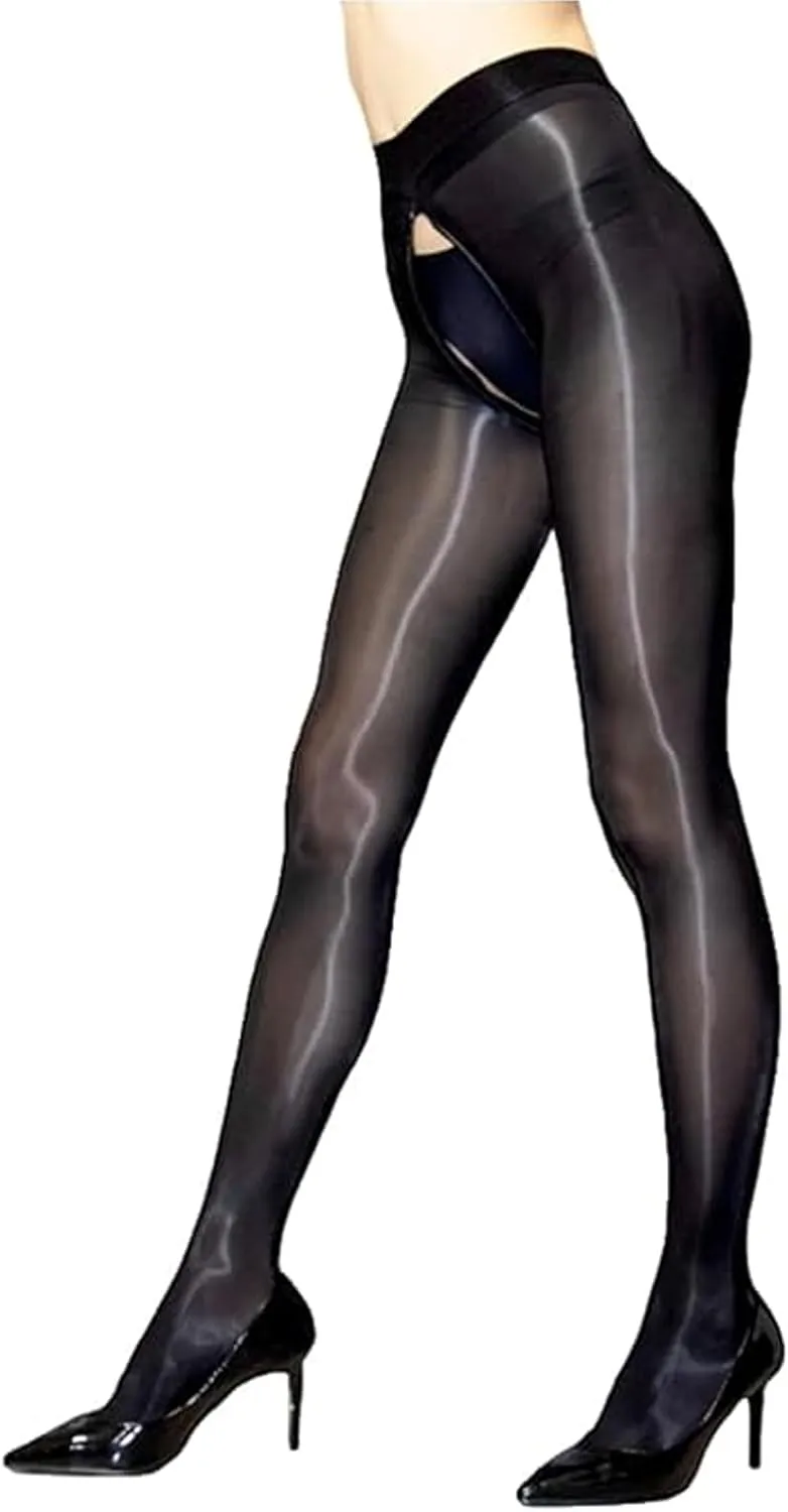 HTRUIYA Women's Shiny Pantyhose 8D Sheer Tights Oily Gloss Pantyhose Invisible Zip Adjustable Tights Smooth Stockings