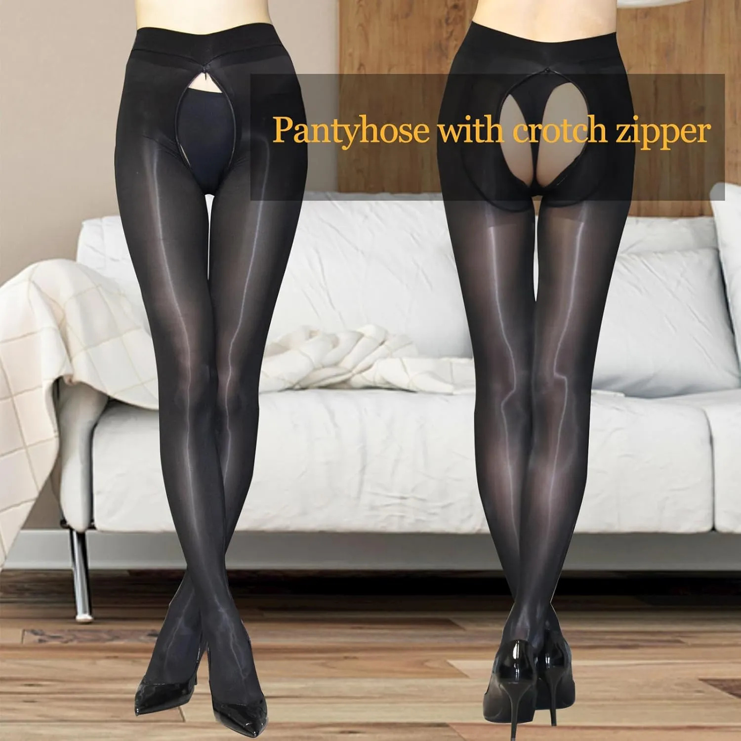 HTRUIYA Women's Shiny Pantyhose 8D Sheer Tights Oily Gloss Pantyhose Invisible Zip Adjustable Tights Smooth Stockings
