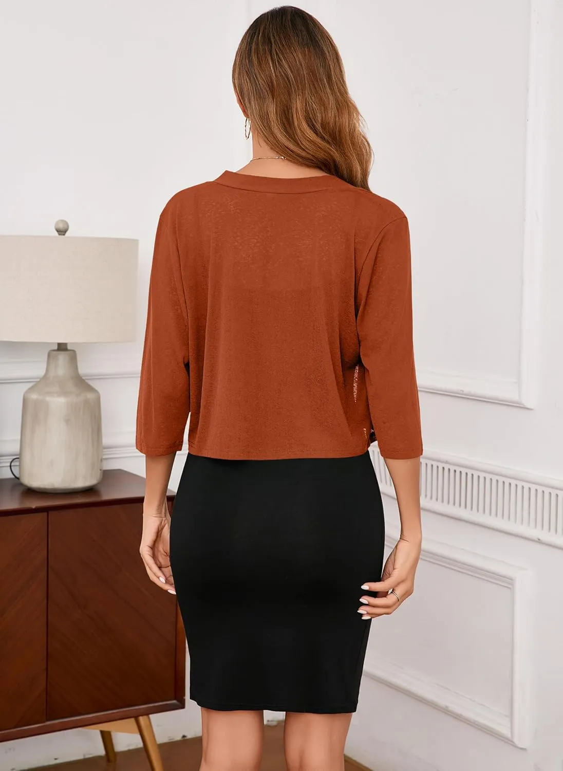 Iandroiy Women's 3/4 Sleeve Shrugs Lightweight Open Front Cropped Cardigan for Women
