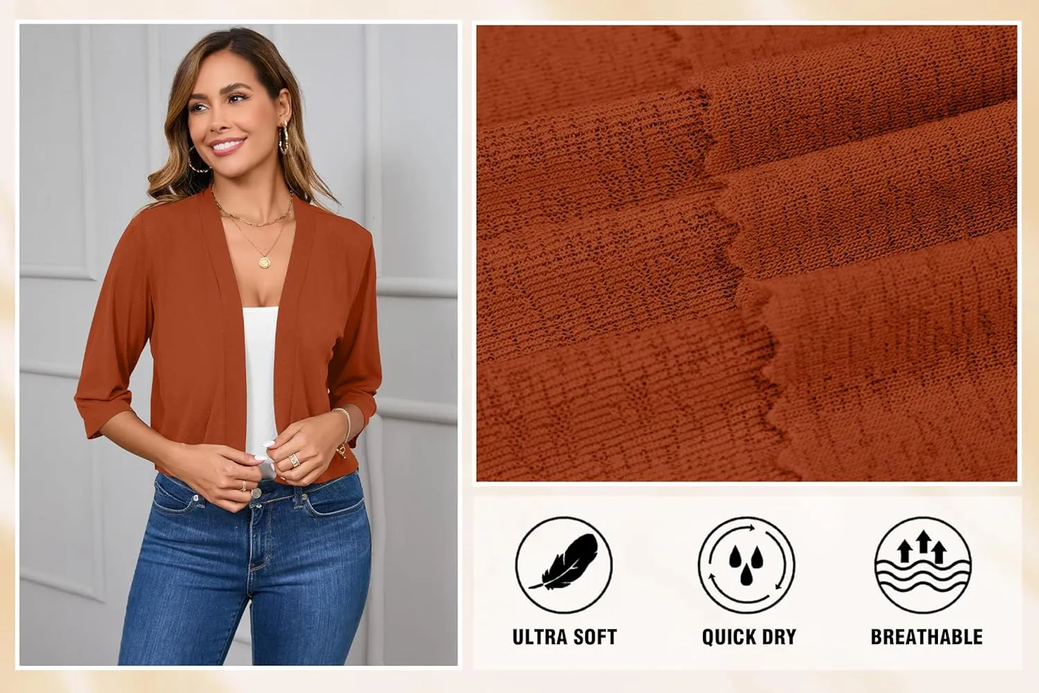 Iandroiy Women's 3/4 Sleeve Shrugs Lightweight Open Front Cropped Cardigan for Women