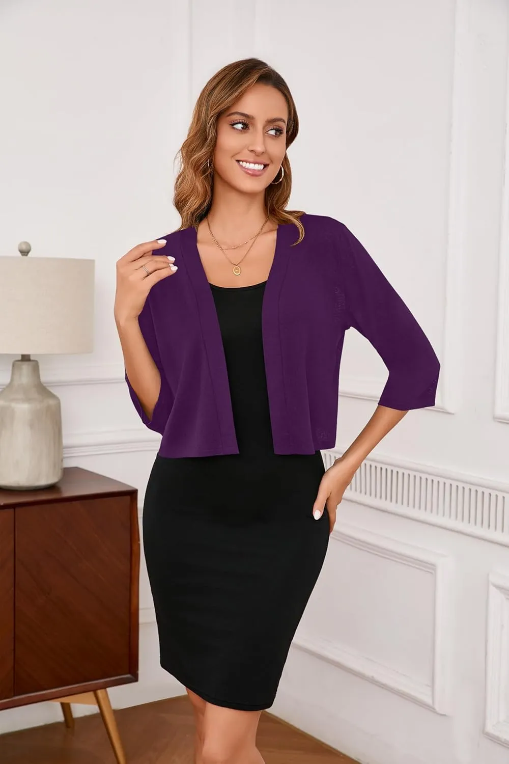Iandroiy Women's 3/4 Sleeve Shrugs Lightweight Open Front Cropped Cardigan for Women