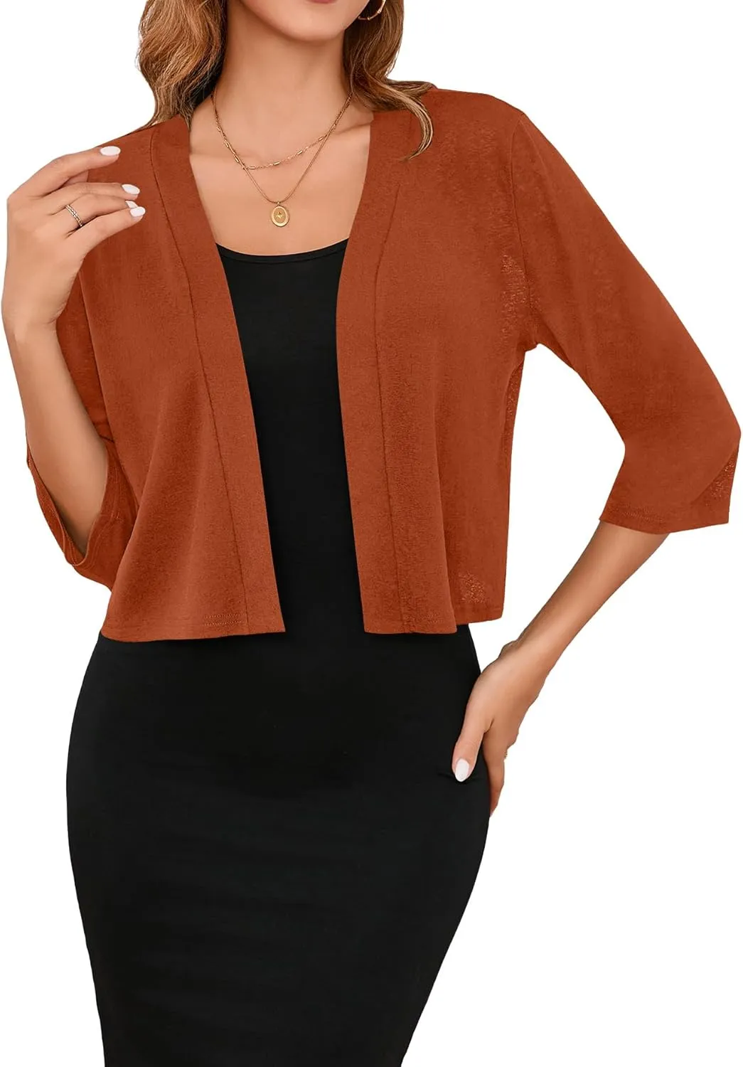 Iandroiy Women's 3/4 Sleeve Shrugs Lightweight Open Front Cropped Cardigan for Women