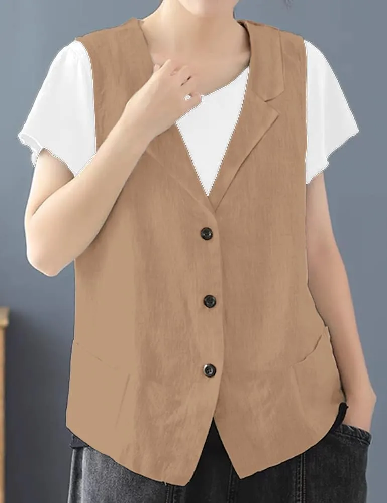 IDEALSANXUN Linen Vest for Women Casual Sleeveless Spring Summer Blazer Jackets