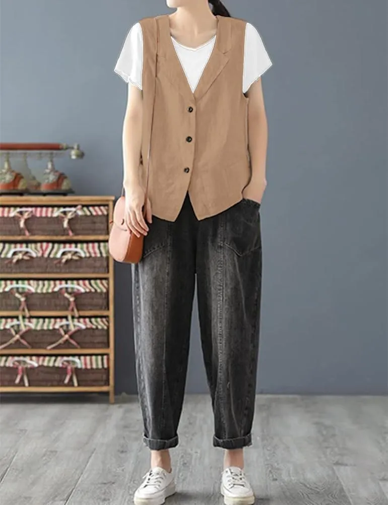 IDEALSANXUN Linen Vest for Women Casual Sleeveless Spring Summer Blazer Jackets