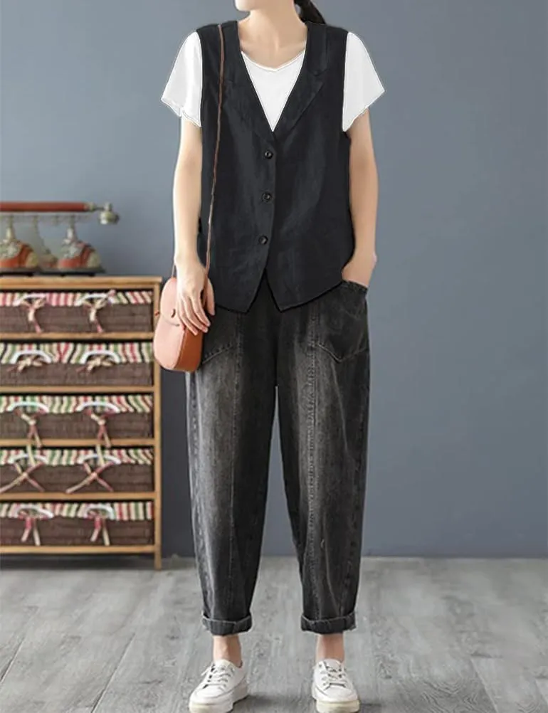 IDEALSANXUN Linen Vest for Women Casual Sleeveless Spring Summer Blazer Jackets