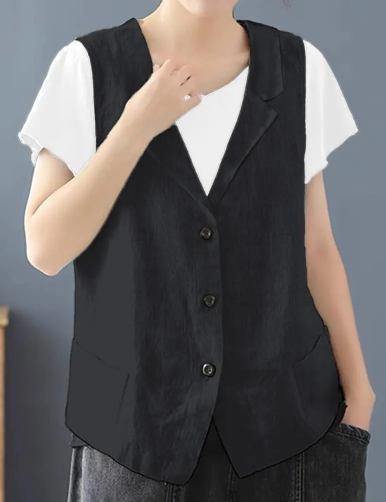 IDEALSANXUN Linen Vest for Women Casual Sleeveless Spring Summer Blazer Jackets